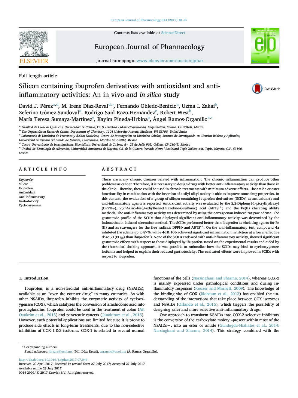 Silicon containing ibuprofen derivatives with antioxidant and anti-inflammatory activities: An in vivo and in silico study