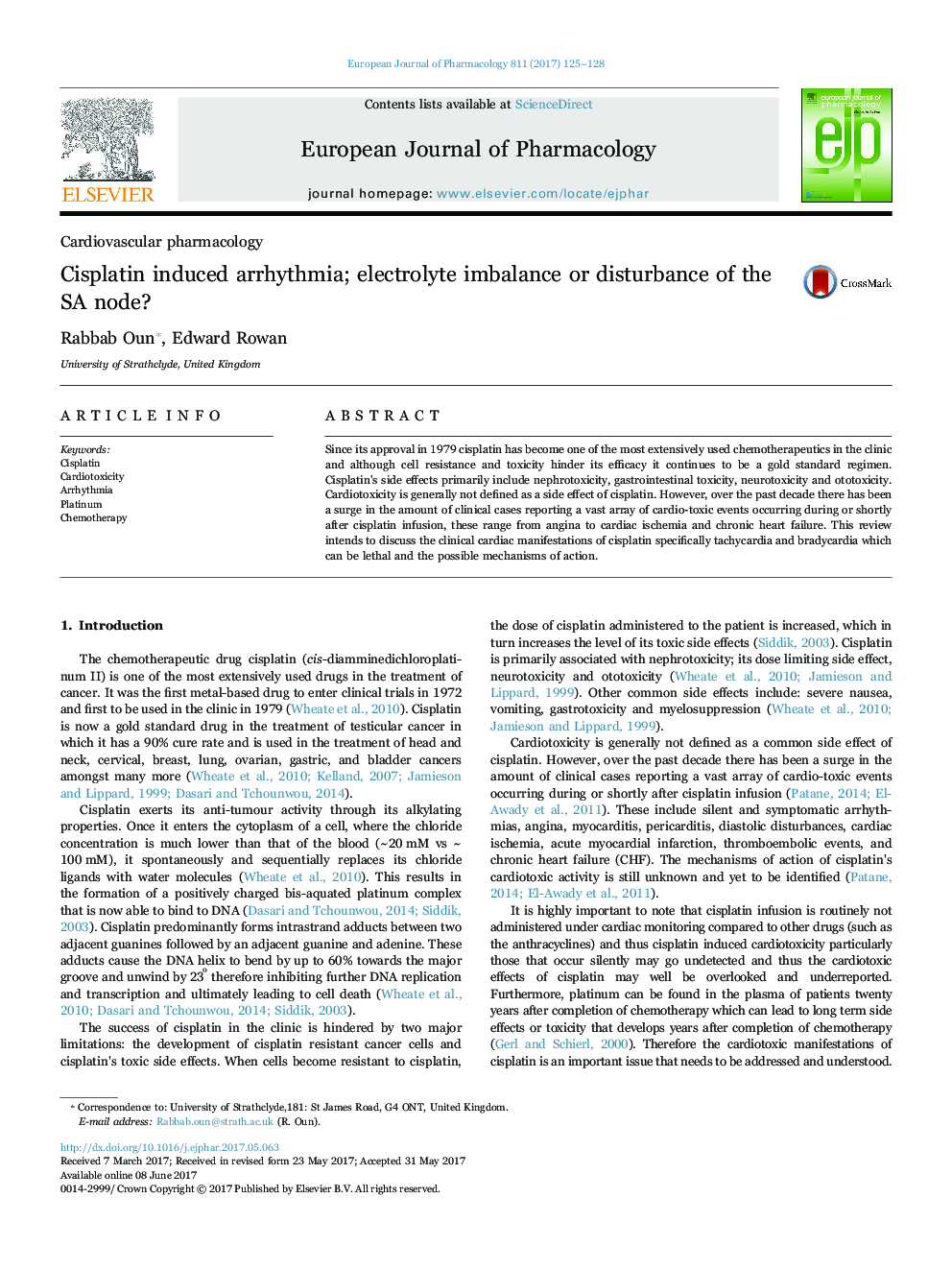 Cisplatin induced arrhythmia; electrolyte imbalance or disturbance of the SA node?