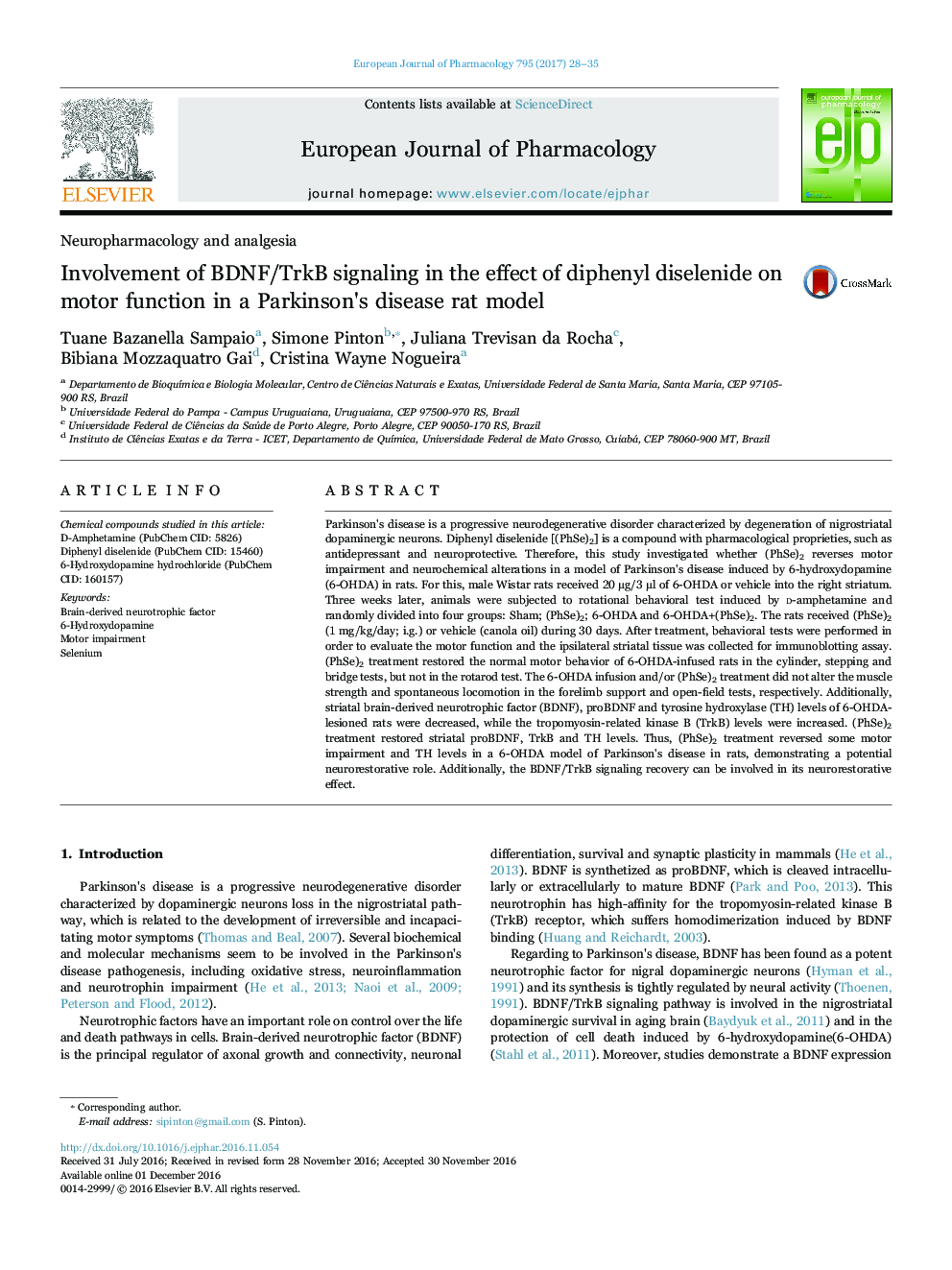 Involvement of BDNF/TrkB signaling in the effect of diphenyl diselenide on motor function in a Parkinson's disease rat model