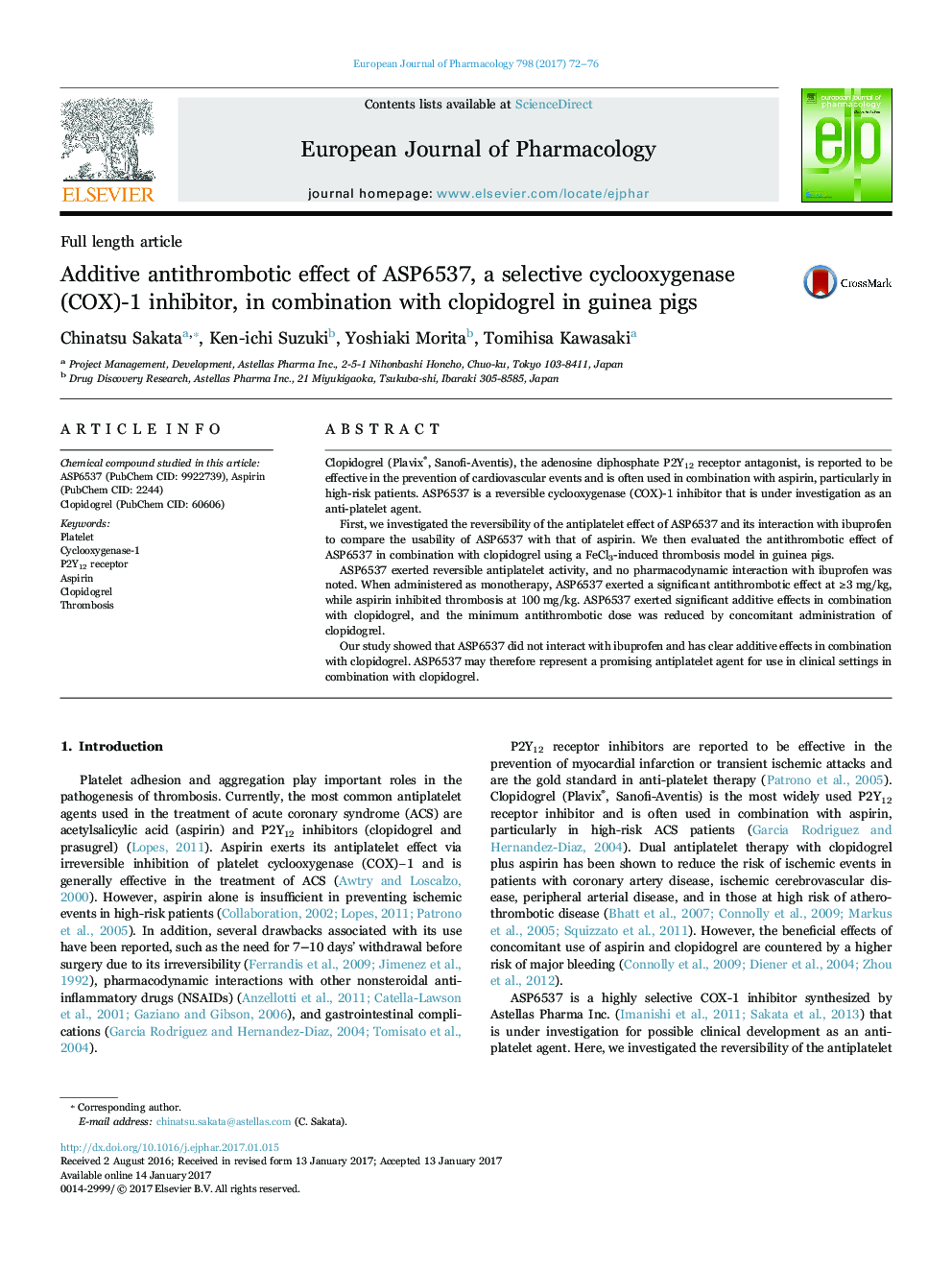 Additive antithrombotic effect of ASP6537, a selective cyclooxygenase (COX)-1 inhibitor, in combination with clopidogrel in guinea pigs