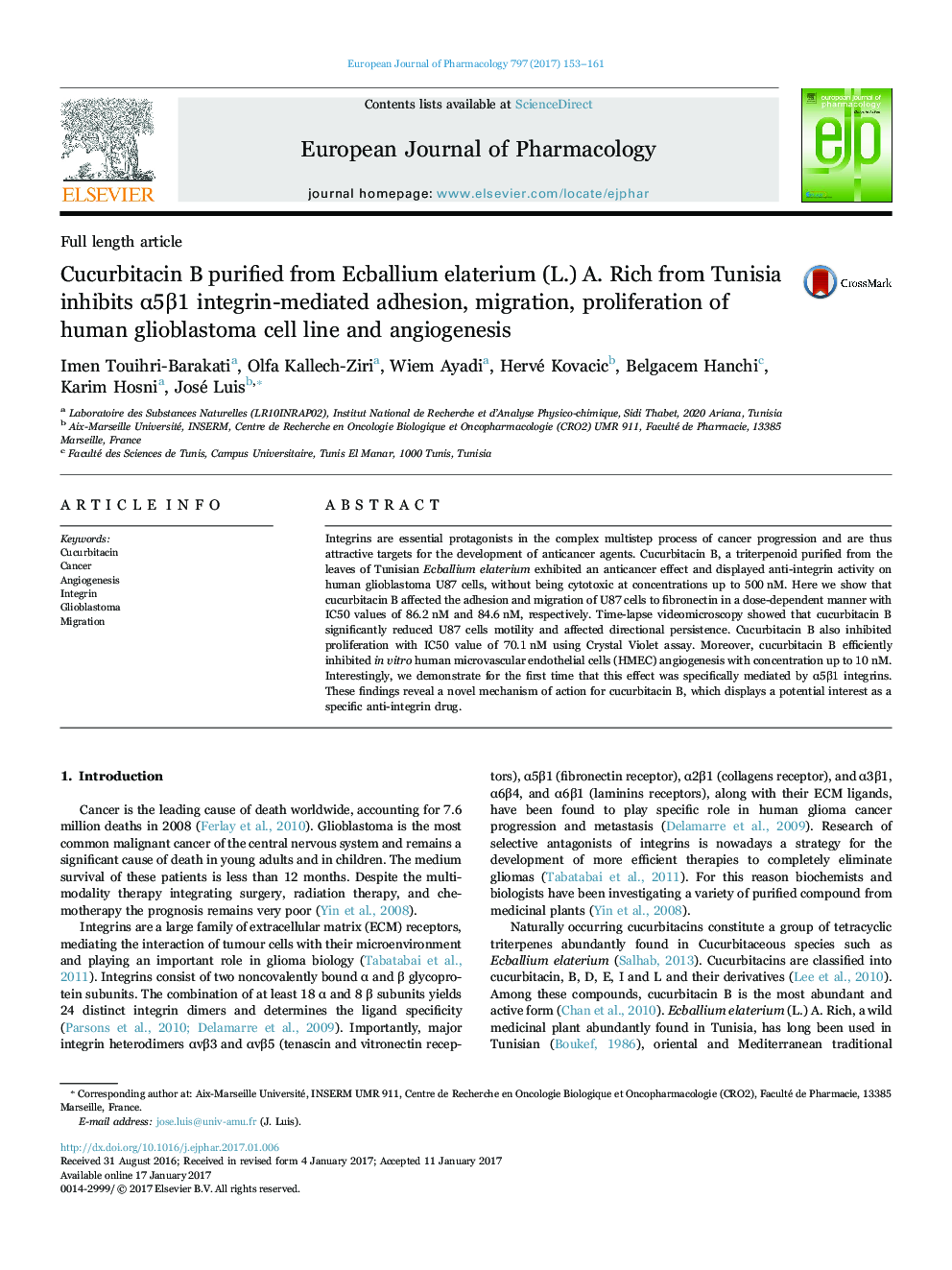 Cucurbitacin B purified from Ecballium elaterium (L.) A. Rich from Tunisia inhibits Î±5Î²1 integrin-mediated adhesion, migration, proliferation of human glioblastoma cell line and angiogenesis