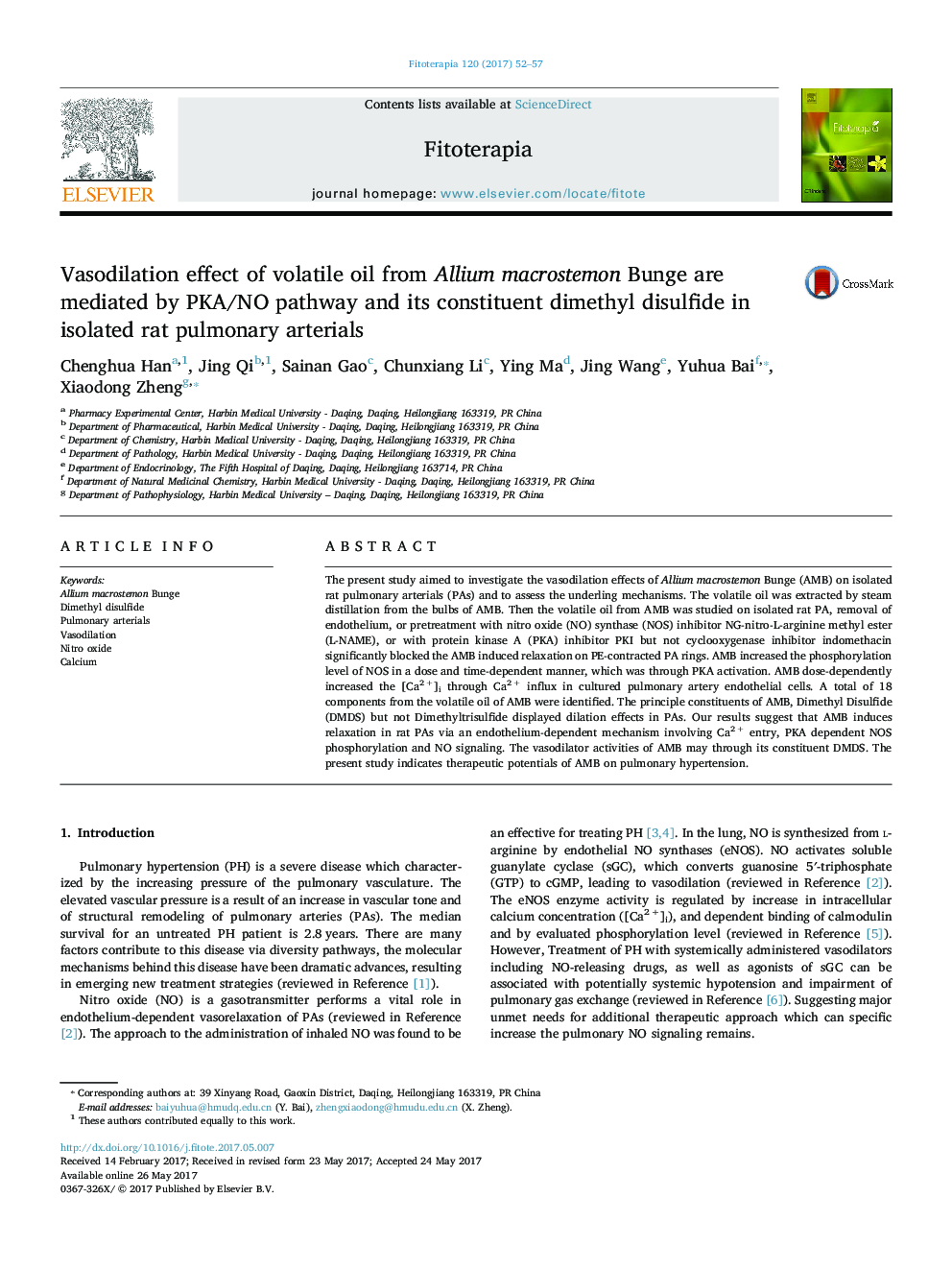 Vasodilation effect of volatile oil from Allium macrostemon Bunge are mediated by PKA/NO pathway and its constituent dimethyl disulfide in isolated rat pulmonary arterials