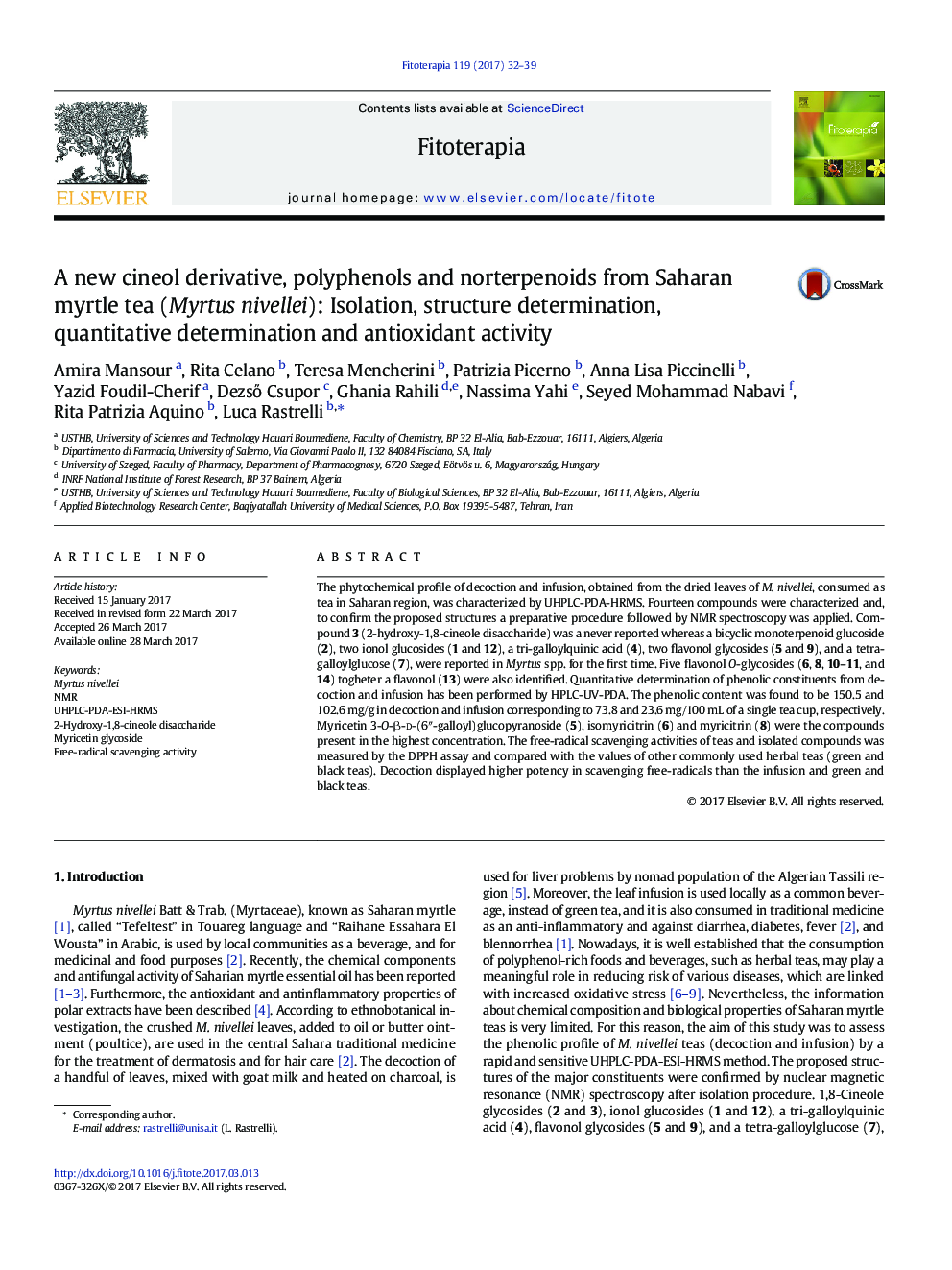 A new cineol derivative, polyphenols and norterpenoids from Saharan myrtle tea (Myrtus nivellei): Isolation, structure determination, quantitative determination and antioxidant activity