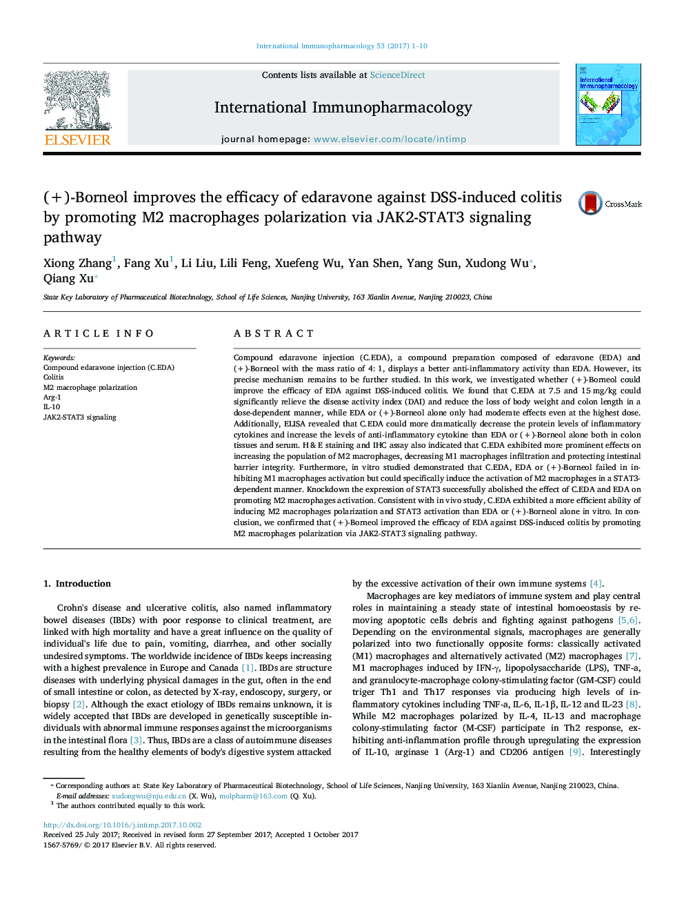 (+)-Borneol improves the efficacy of edaravone against DSS-induced colitis by promoting M2 macrophages polarization via JAK2-STAT3 signaling pathway