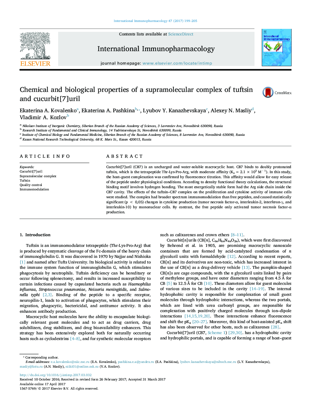 Chemical and biological properties of a supramolecular complex of tuftsin and cucurbit[7]uril