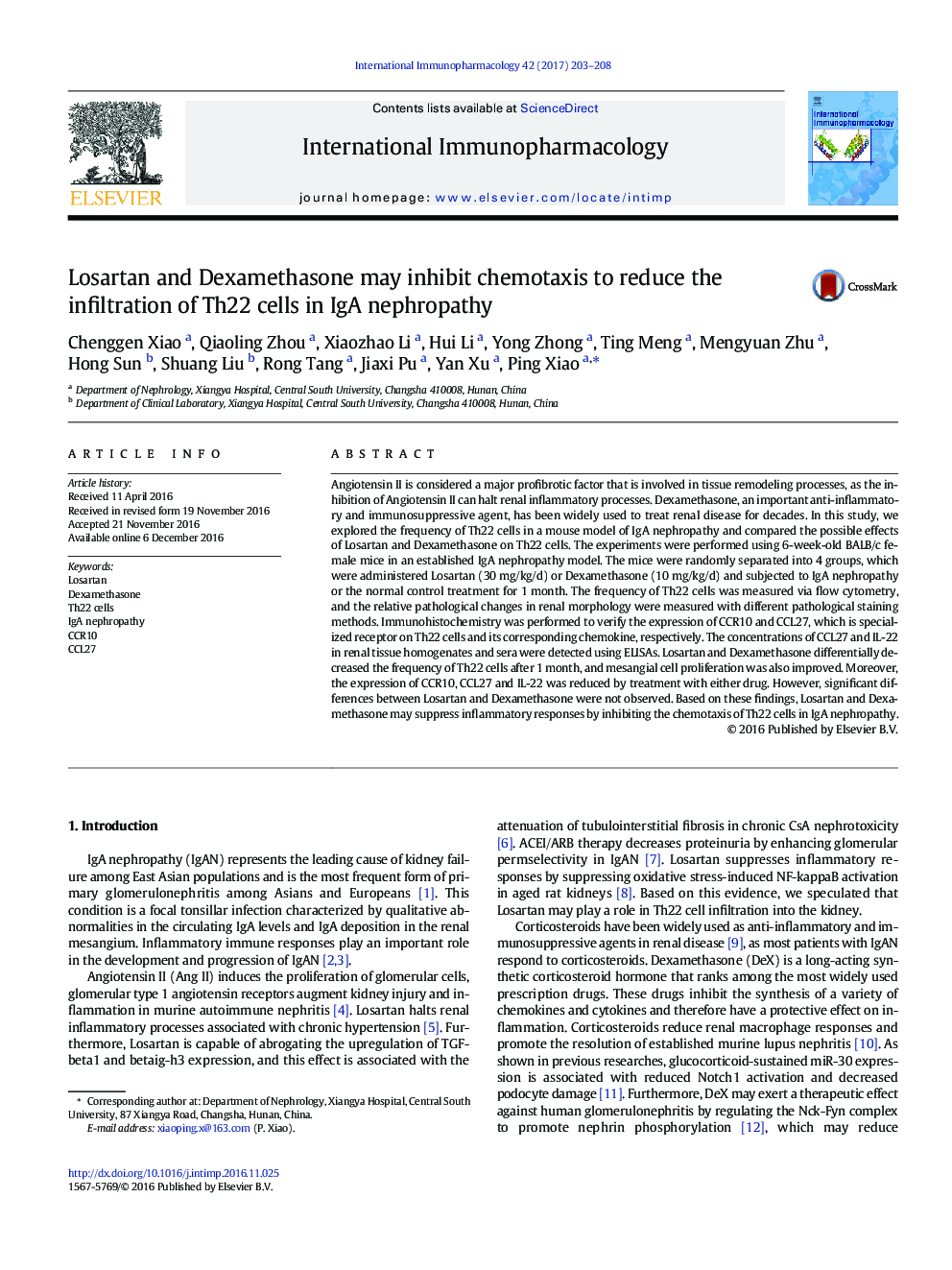 Losartan and Dexamethasone may inhibit chemotaxis to reduce the infiltration of Th22 cells in IgA nephropathy