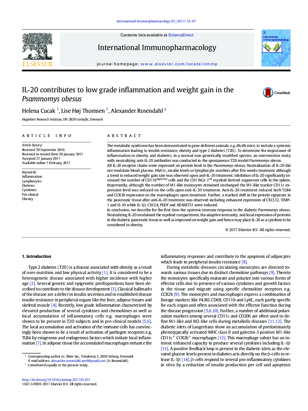 IL-20 contributes to low grade inflammation and weight gain in the Psammomys obesus