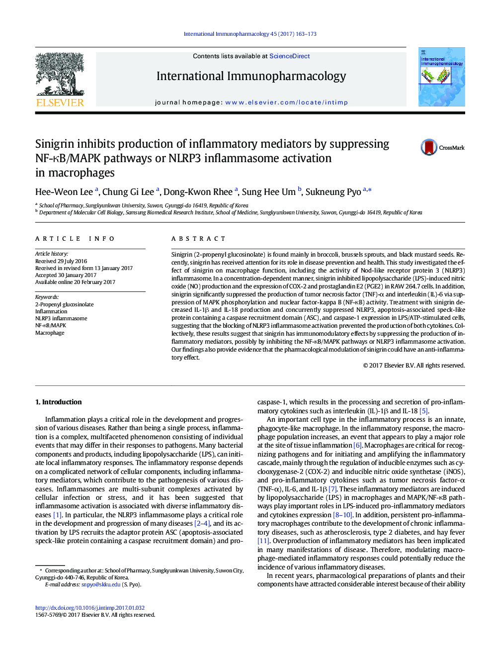 Sinigrin inhibits production of inflammatory mediators by suppressing NF-ÎºB/MAPK pathways or NLRP3 inflammasome activation in macrophages