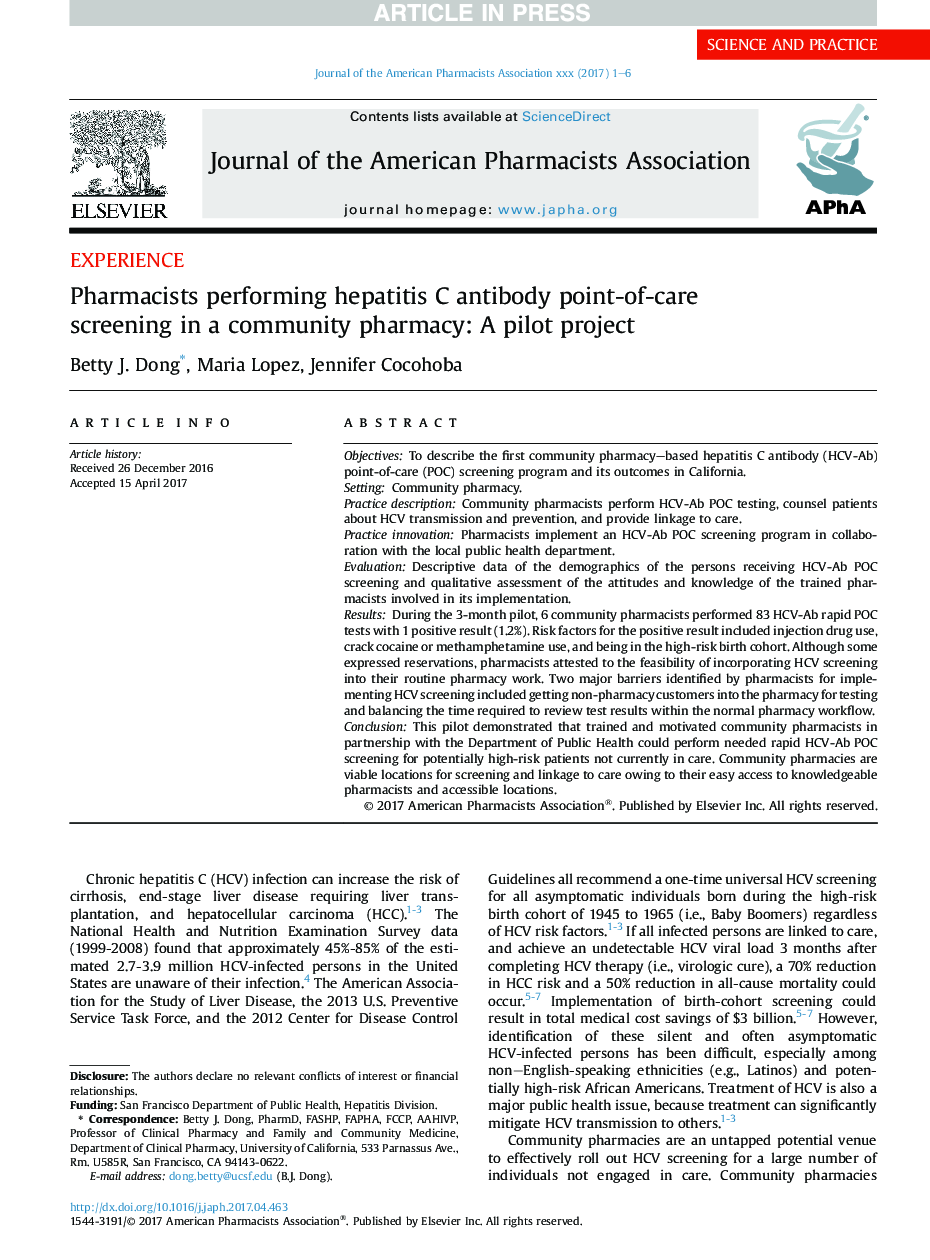 Pharmacists performing hepatitis C antibody point-of-care screening in a community pharmacy: A pilot project