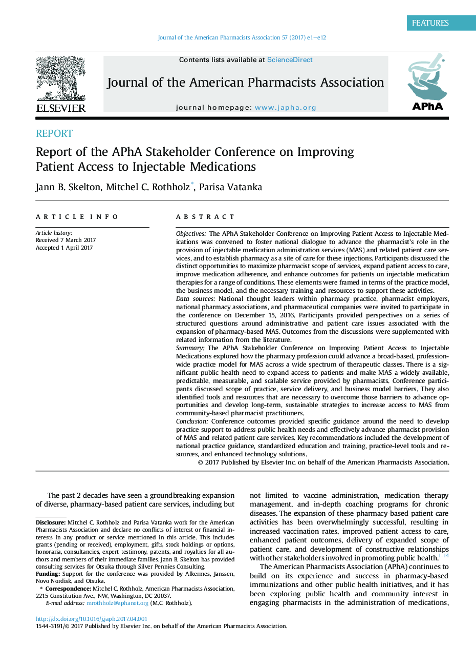 Report of the APhA Stakeholder Conference on Improving Patient Access to Injectable Medications