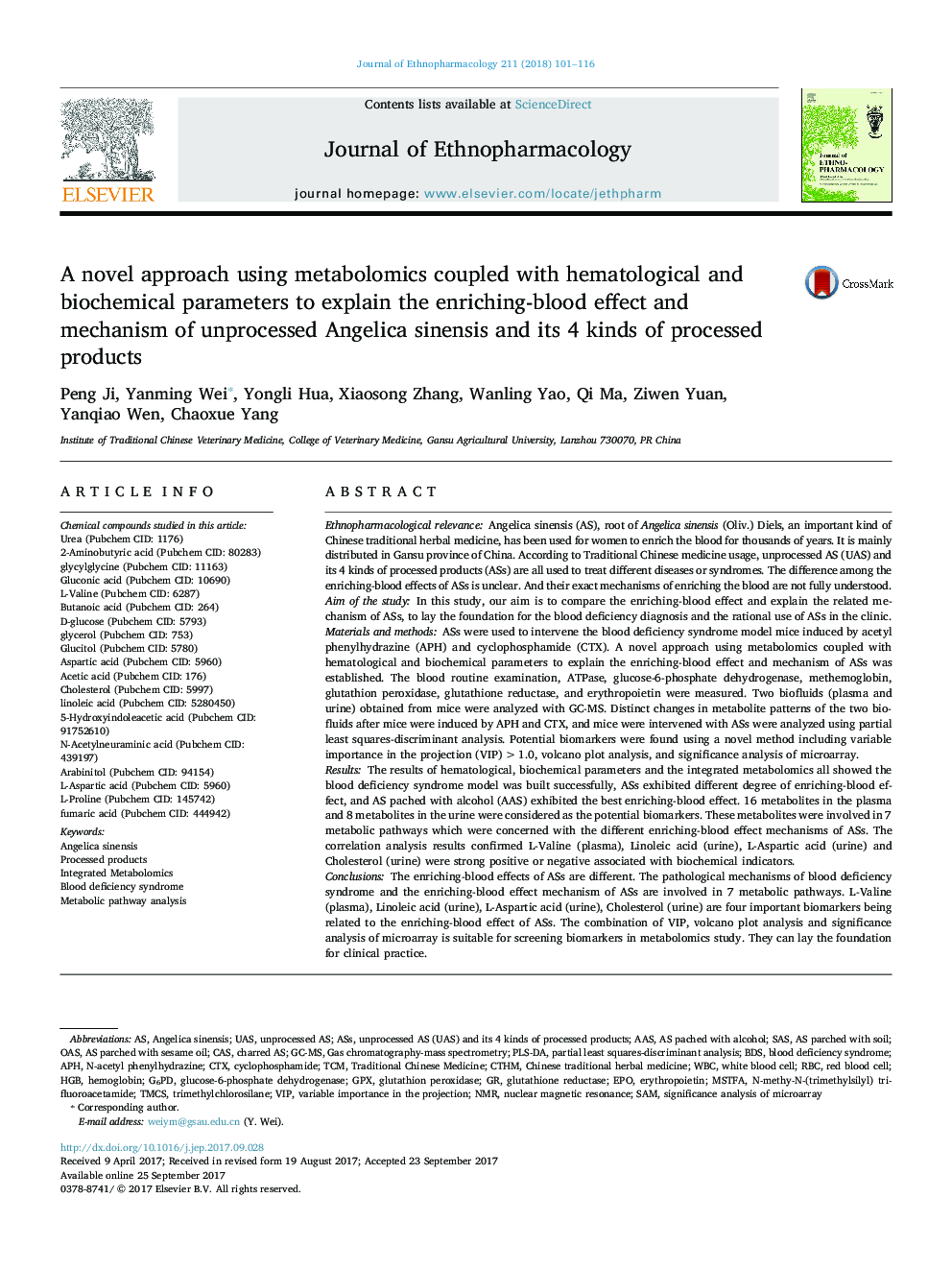 A novel approach using metabolomics coupled with hematological and biochemical parameters to explain the enriching-blood effect and mechanism of unprocessed Angelica sinensis and its 4 kinds of processed products