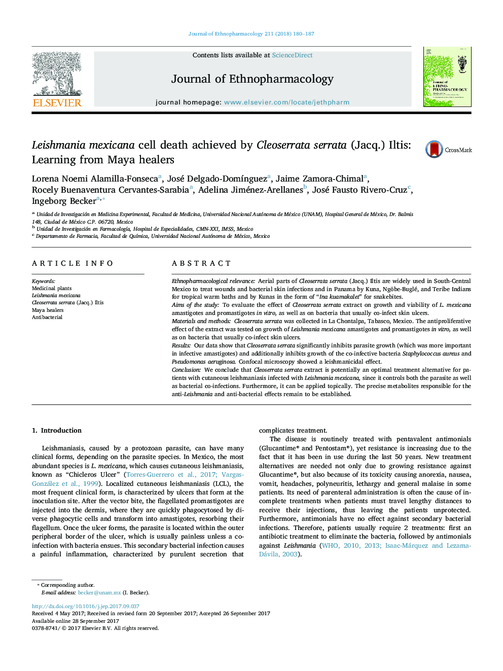 Leishmania mexicana cell death achieved by Cleoserrata serrata (Jacq.) Iltis: Learning from Maya healers