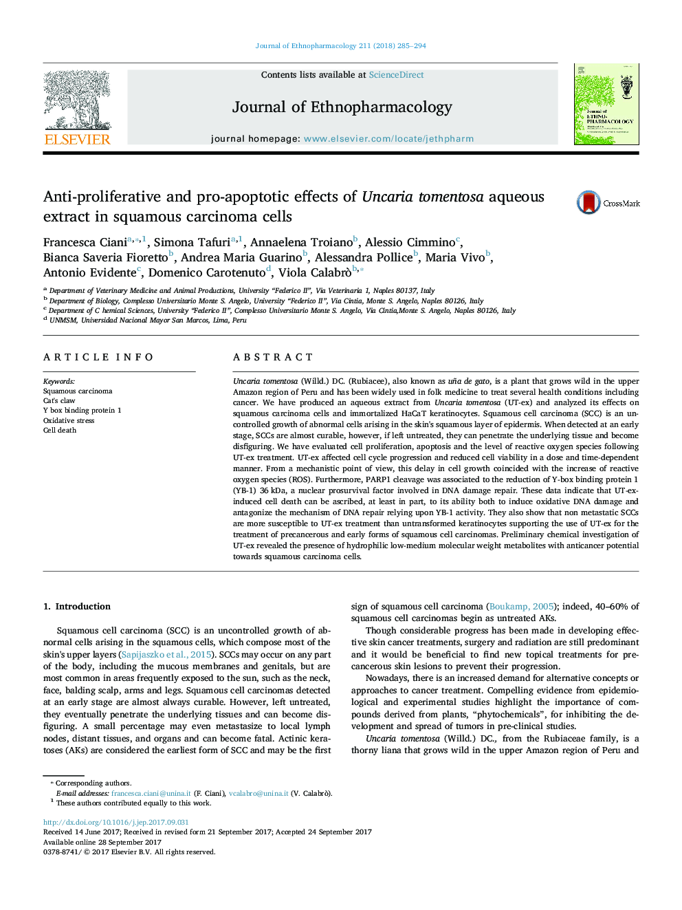 Anti-proliferative and pro-apoptotic effects of Uncaria tomentosa aqueous extract in squamous carcinoma cells