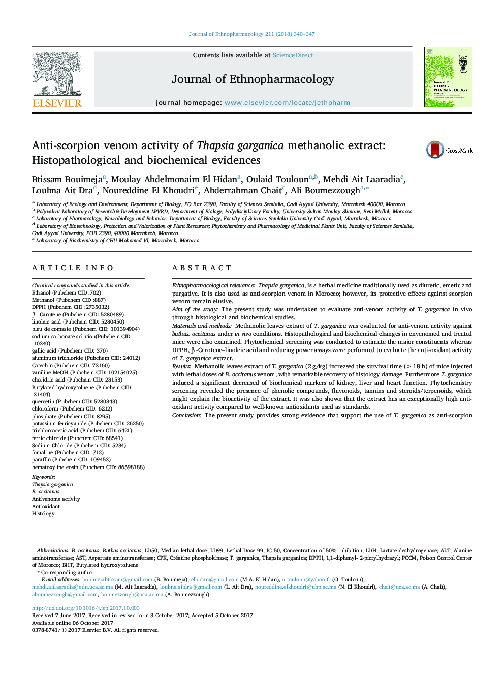 Anti-scorpion venom activity of Thapsia garganica methanolic extract: Histopathological and biochemical evidences