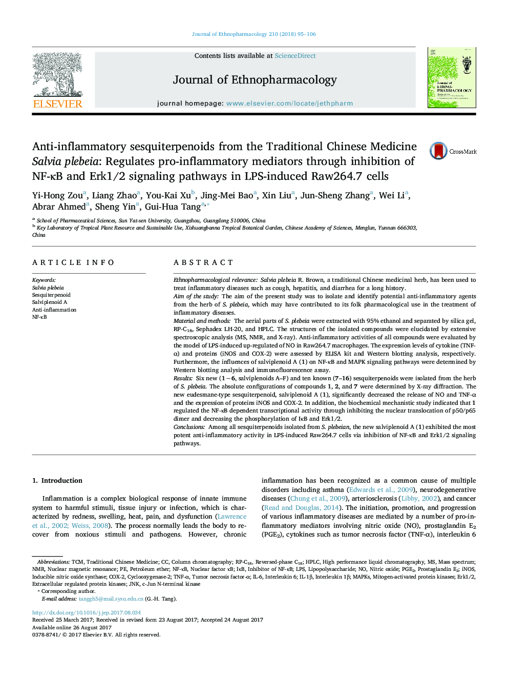 Anti-inflammatory sesquiterpenoids from the Traditional Chinese Medicine Salvia plebeia: Regulates pro-inflammatory mediators through inhibition of NF-κB and Erk1/2 signaling pathways in LPS-induced Raw264.7 cells