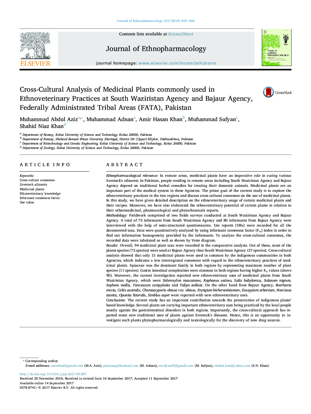 CrossâCultural Analysis of Medicinal Plants commonly used in Ethnoveterinary Practices at South Waziristan Agency and Bajaur Agency, Federally Administrated Tribal Areas (FATA), Pakistan