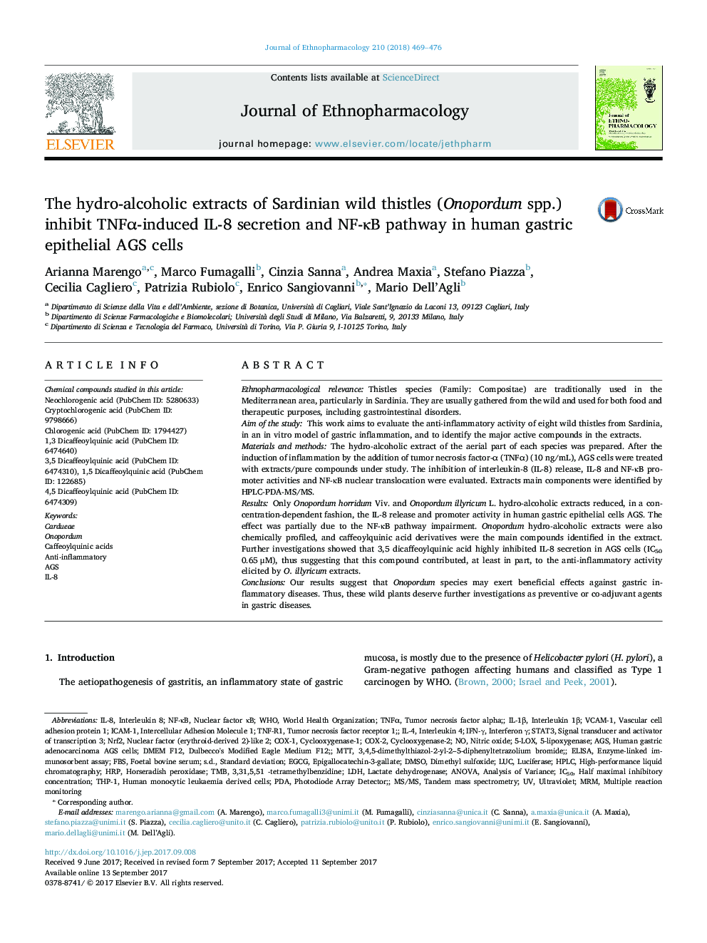 The hydro-alcoholic extracts of Sardinian wild thistles (Onopordum spp.) inhibit TNFÎ±-induced IL-8 secretion and NF-ÎºB pathway in human gastric epithelial AGS cells