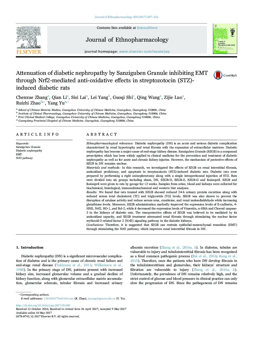 Attenuation of diabetic nephropathy by Sanziguben Granule inhibiting EMT through Nrf2-mediated anti-oxidative effects in streptozotocin (STZ)-induced diabetic rats