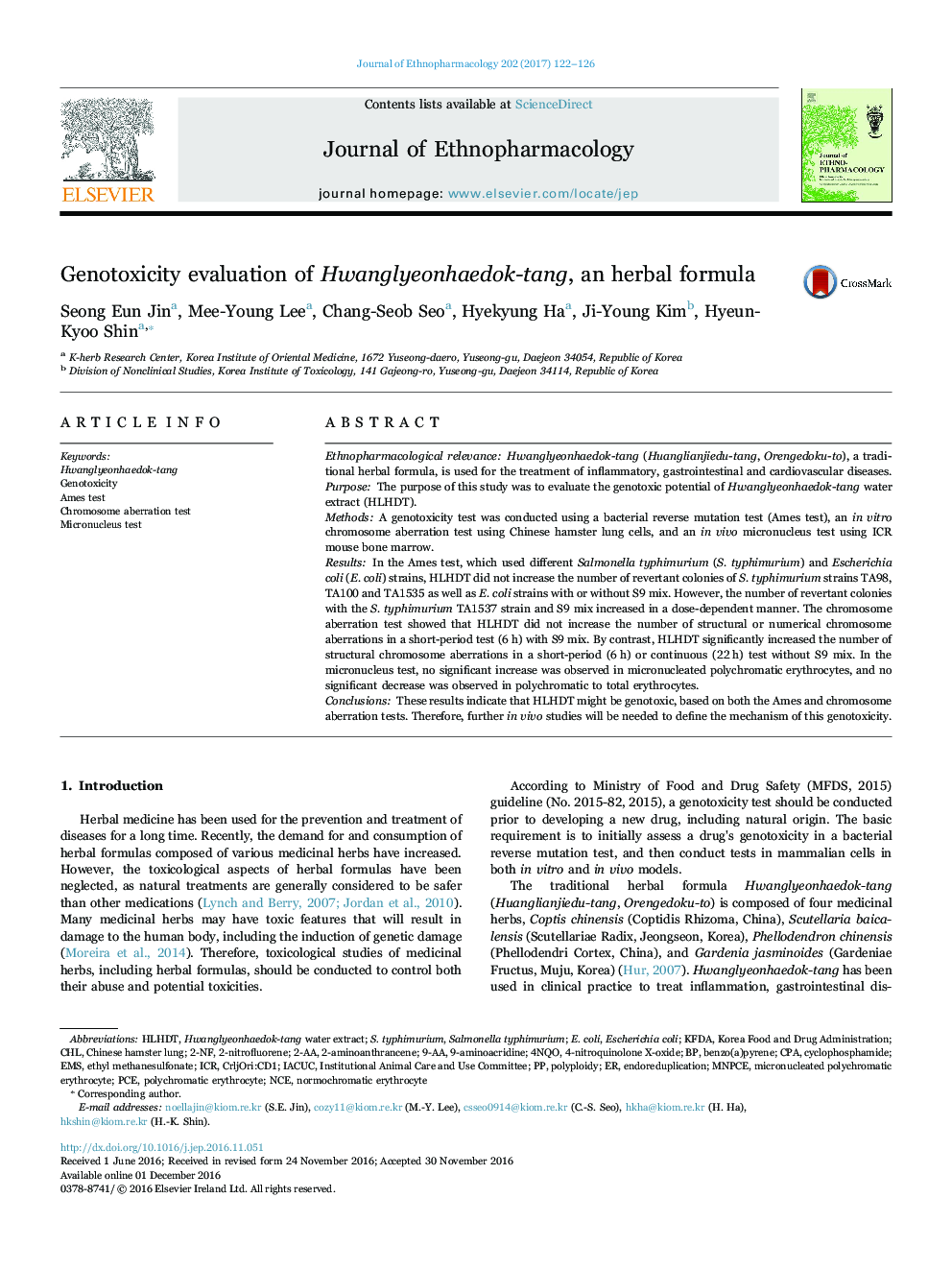 Genotoxicity evaluation of Hwanglyeonhaedok-tang, an herbal formula