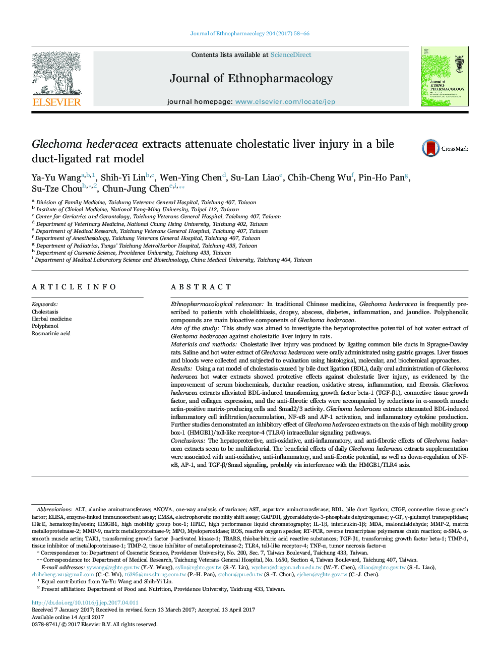 Glechoma hederacea extracts attenuate cholestatic liver injury in a bile duct-ligated rat model