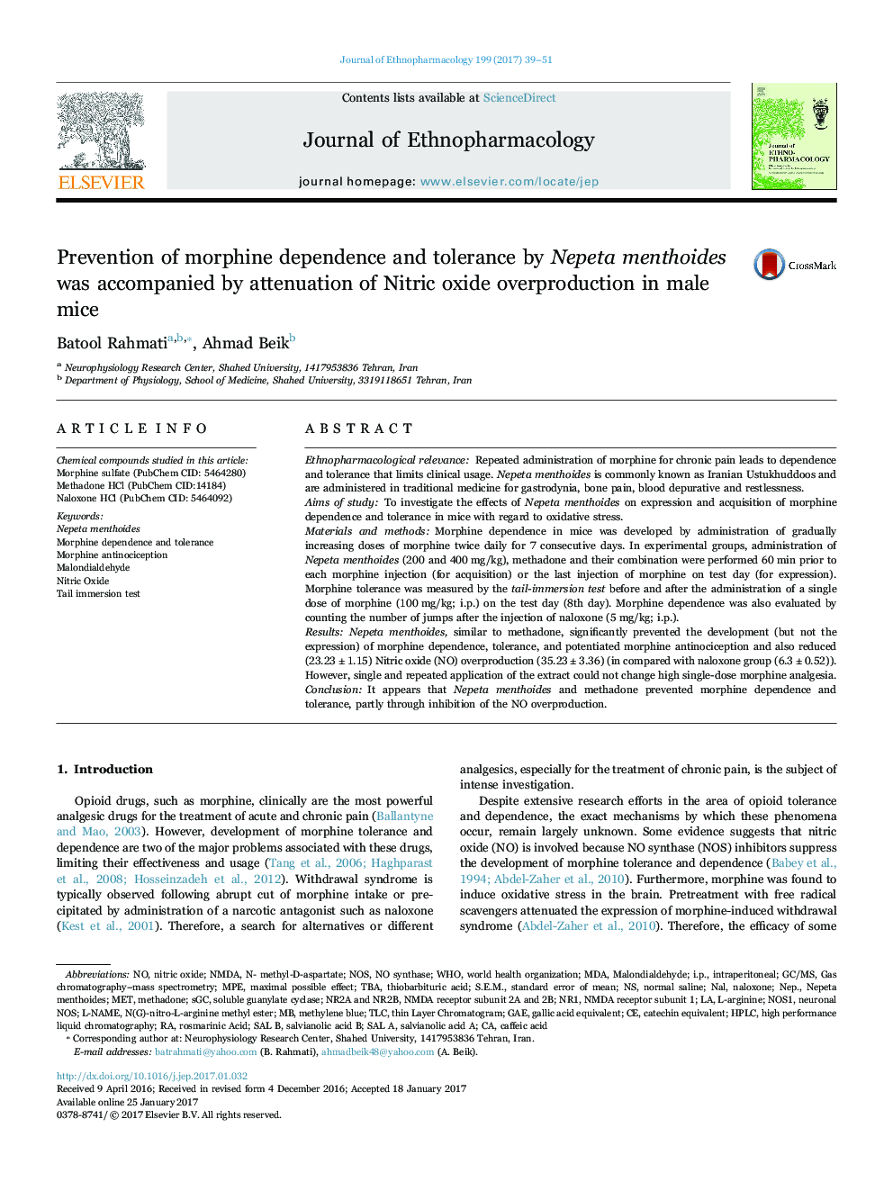 Prevention of morphine dependence and tolerance by Nepeta menthoides was accompanied by attenuation of Nitric oxide overproduction in male mice