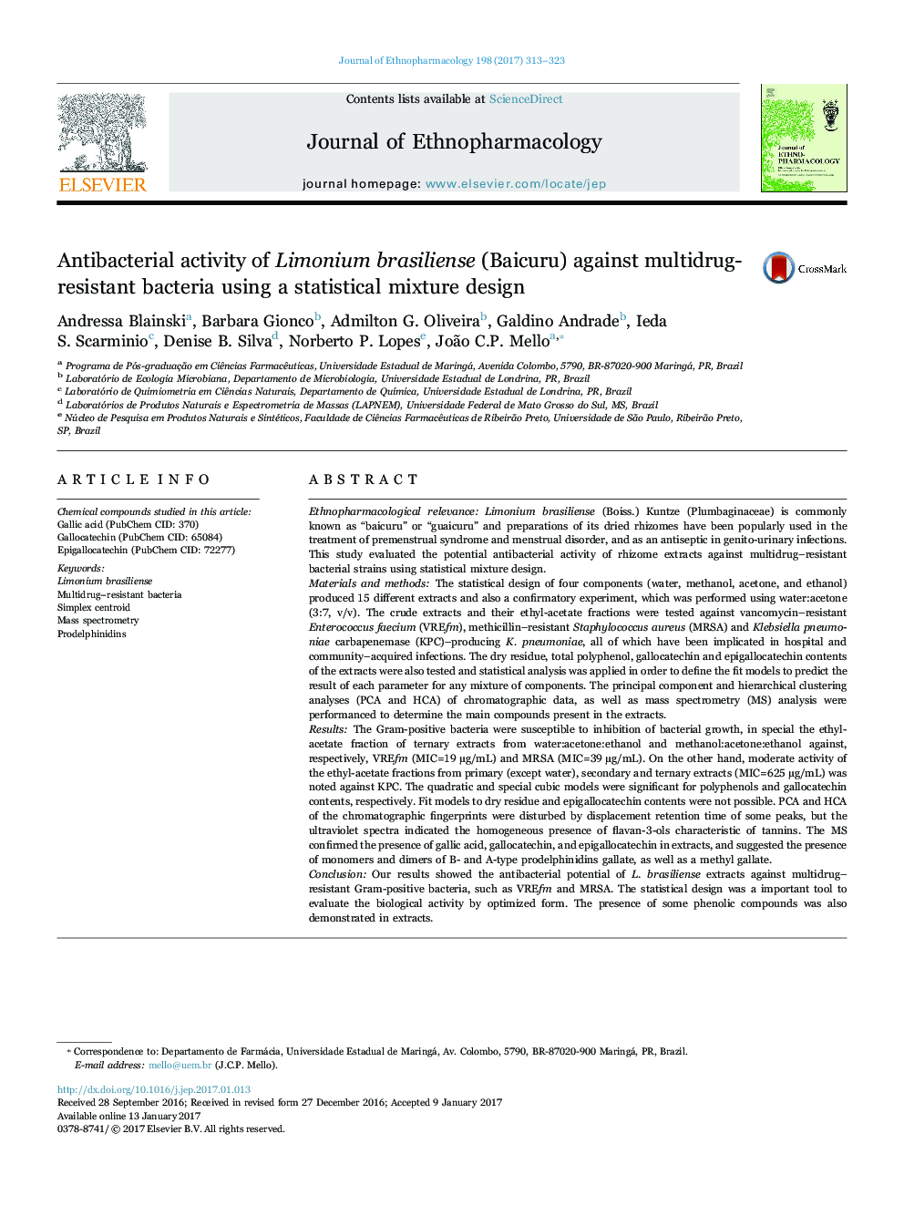 Antibacterial activity of Limonium brasiliense (Baicuru) against multidrug-resistant bacteria using a statistical mixture design