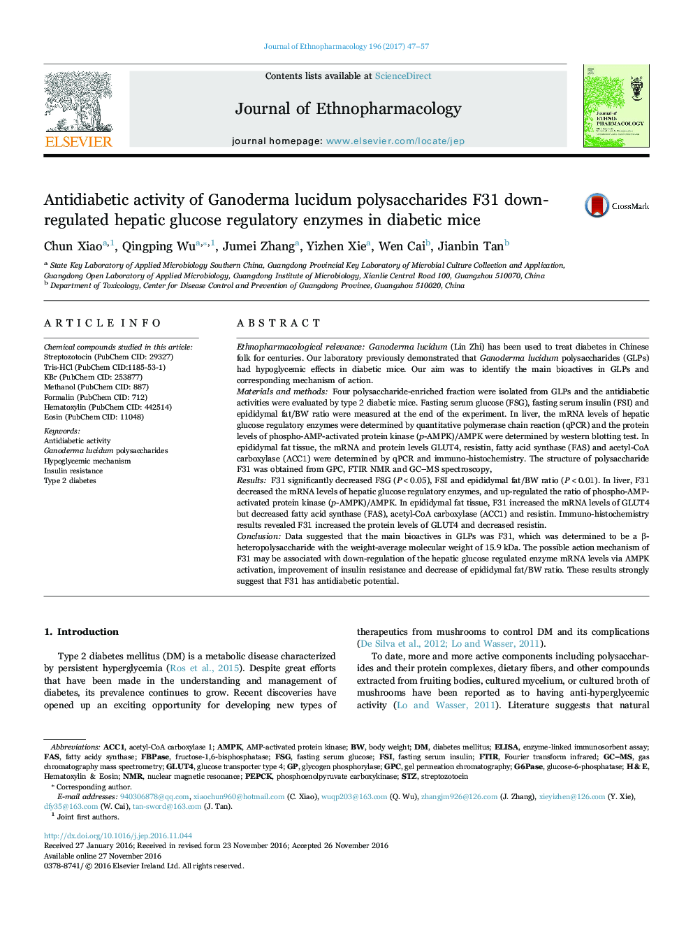 Antidiabetic activity of Ganoderma lucidum polysaccharides F31 down-regulated hepatic glucose regulatory enzymes in diabetic mice