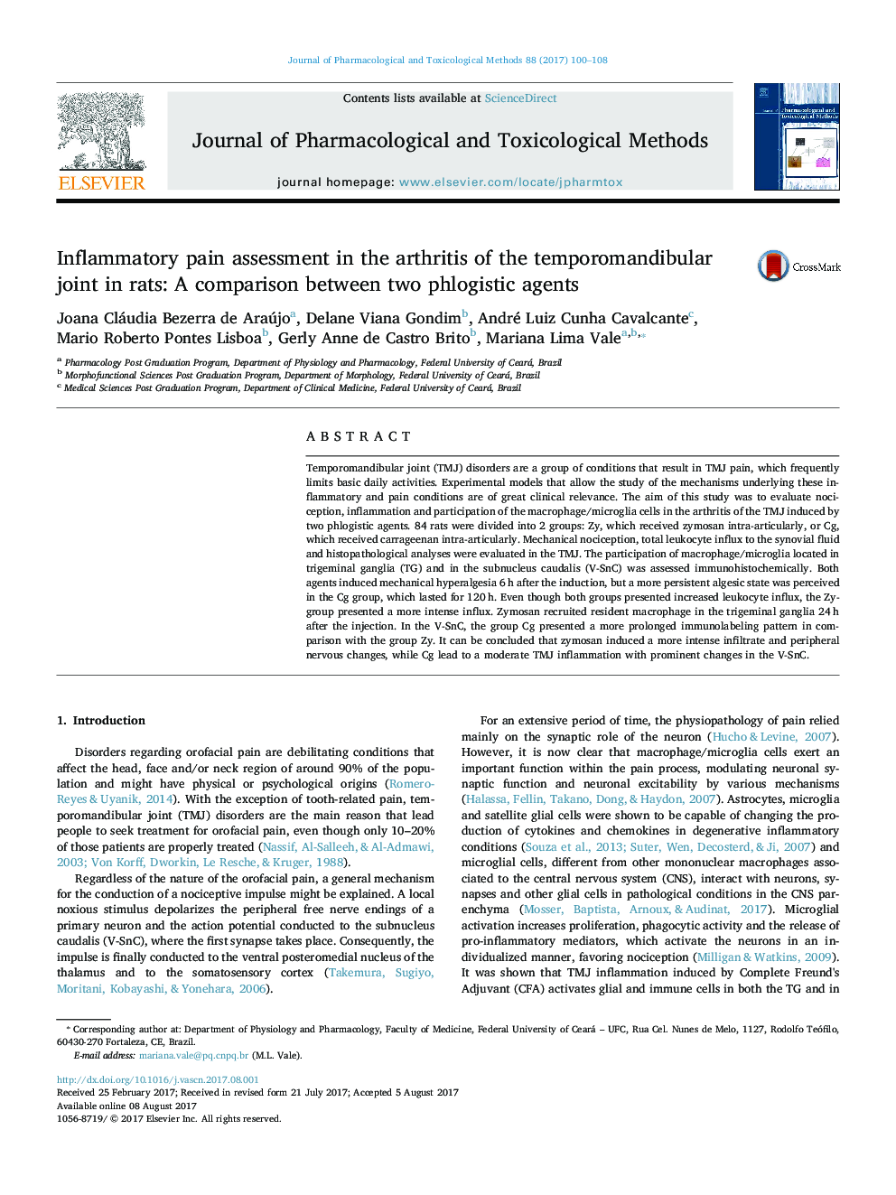 ارزیابی درد التهابی در آرتریت مفصل مفصلی در موش صحرایی: مقایسه بین دو عامل فلوژیستیک 