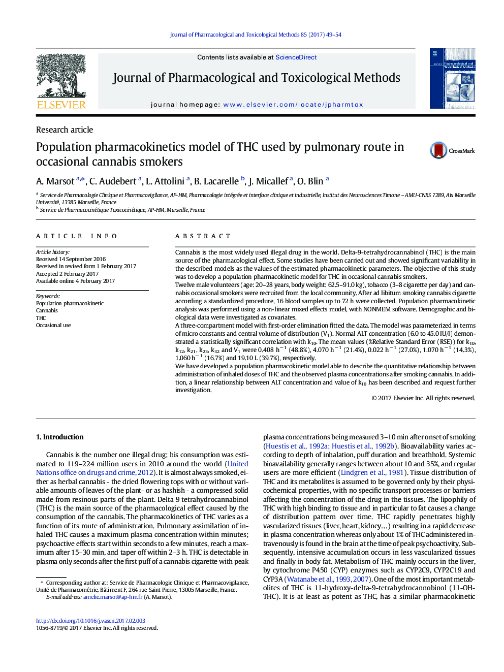 Population pharmacokinetics model of THC used by pulmonary route in occasional cannabis smokers