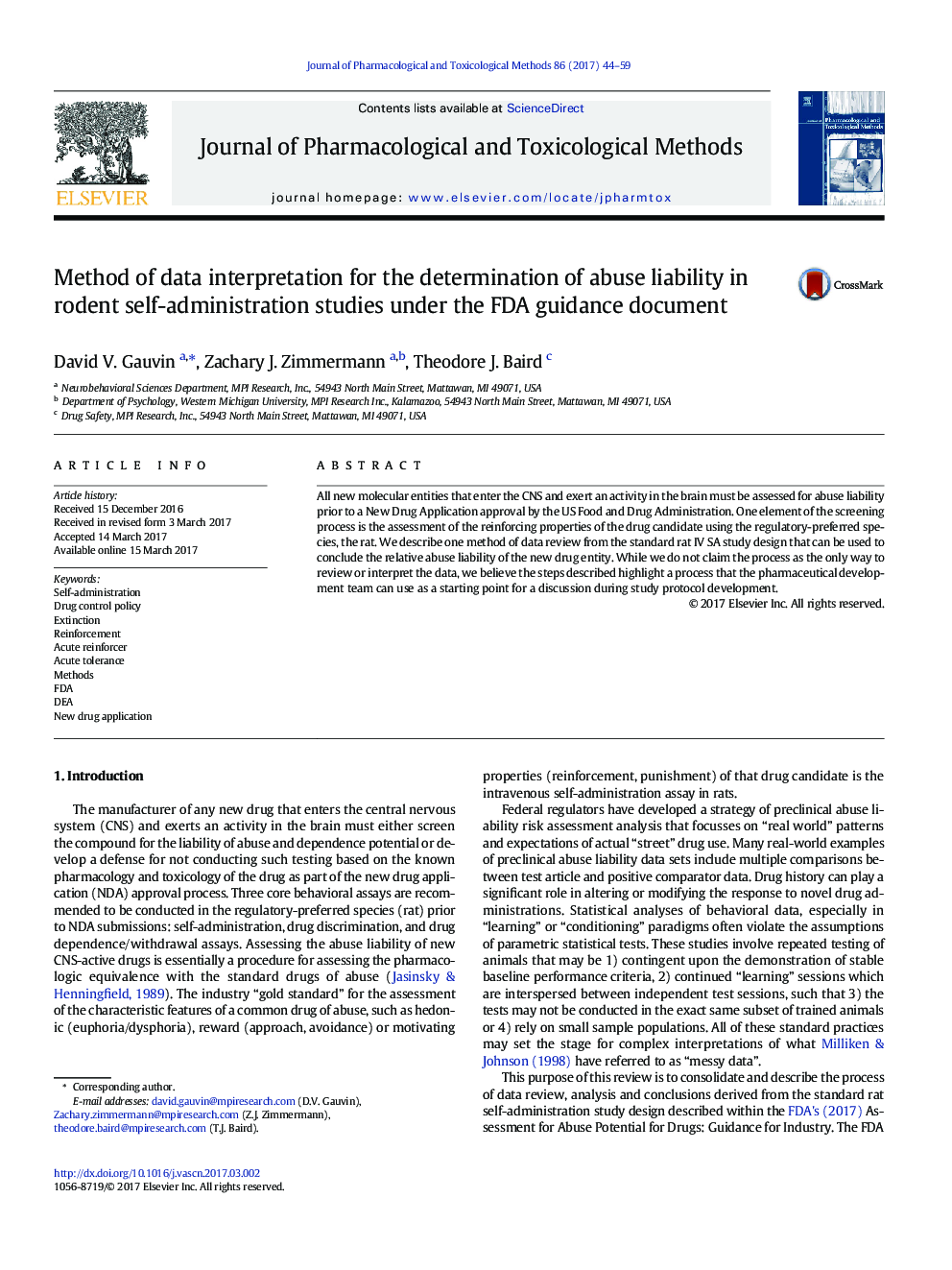 Method of data interpretation for the determination of abuse liability in rodent self-administration studies under the FDA guidance document