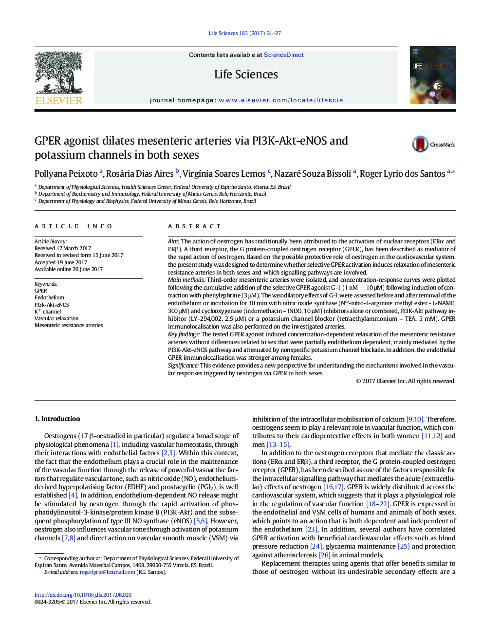GPER agonist dilates mesenteric arteries via PI3K-Akt-eNOS and potassium channels in both sexes