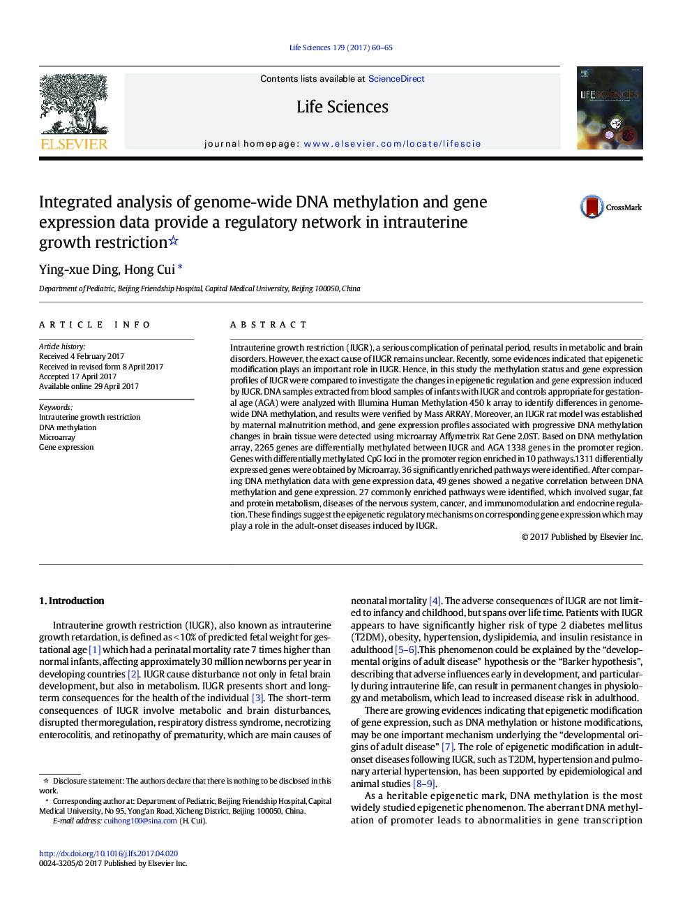 Integrated analysis of genome-wide DNA methylation and gene expression data provide a regulatory network in intrauterine growth restriction