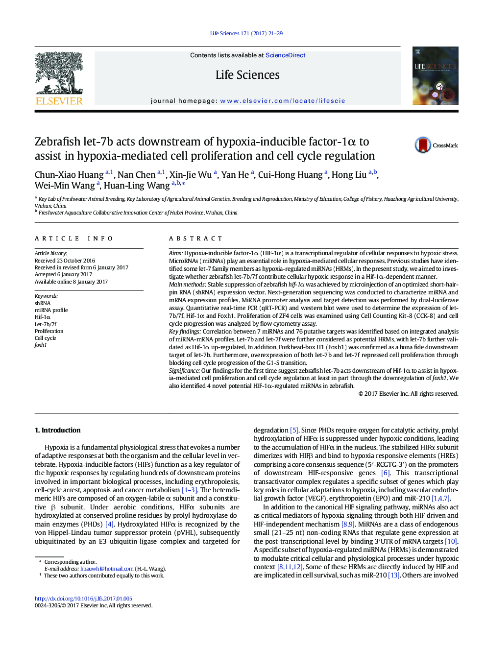 Zebrafish let-7b acts downstream of hypoxia-inducible factor-1Î± to assist in hypoxia-mediated cell proliferation and cell cycle regulation