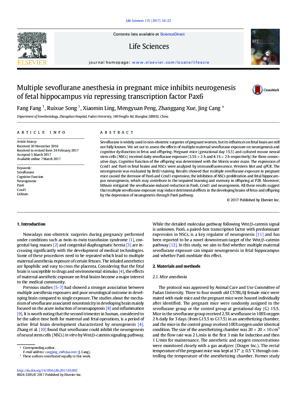 Multiple sevoflurane anesthesia in pregnant mice inhibits neurogenesis of fetal hippocampus via repressing transcription factor Pax6