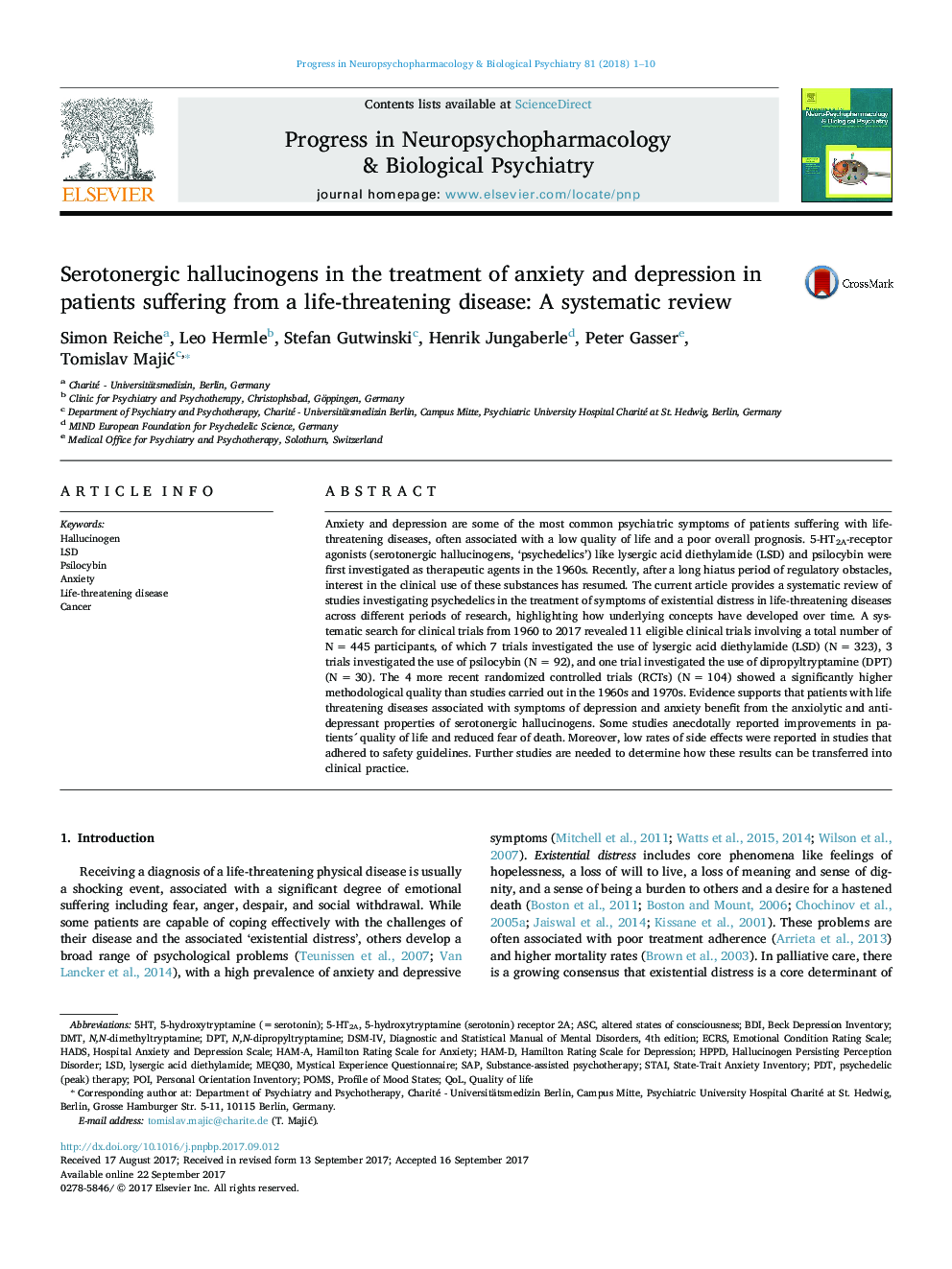 Serotonergic hallucinogens in the treatment of anxiety and depression in patients suffering from a life-threatening disease: A systematic review