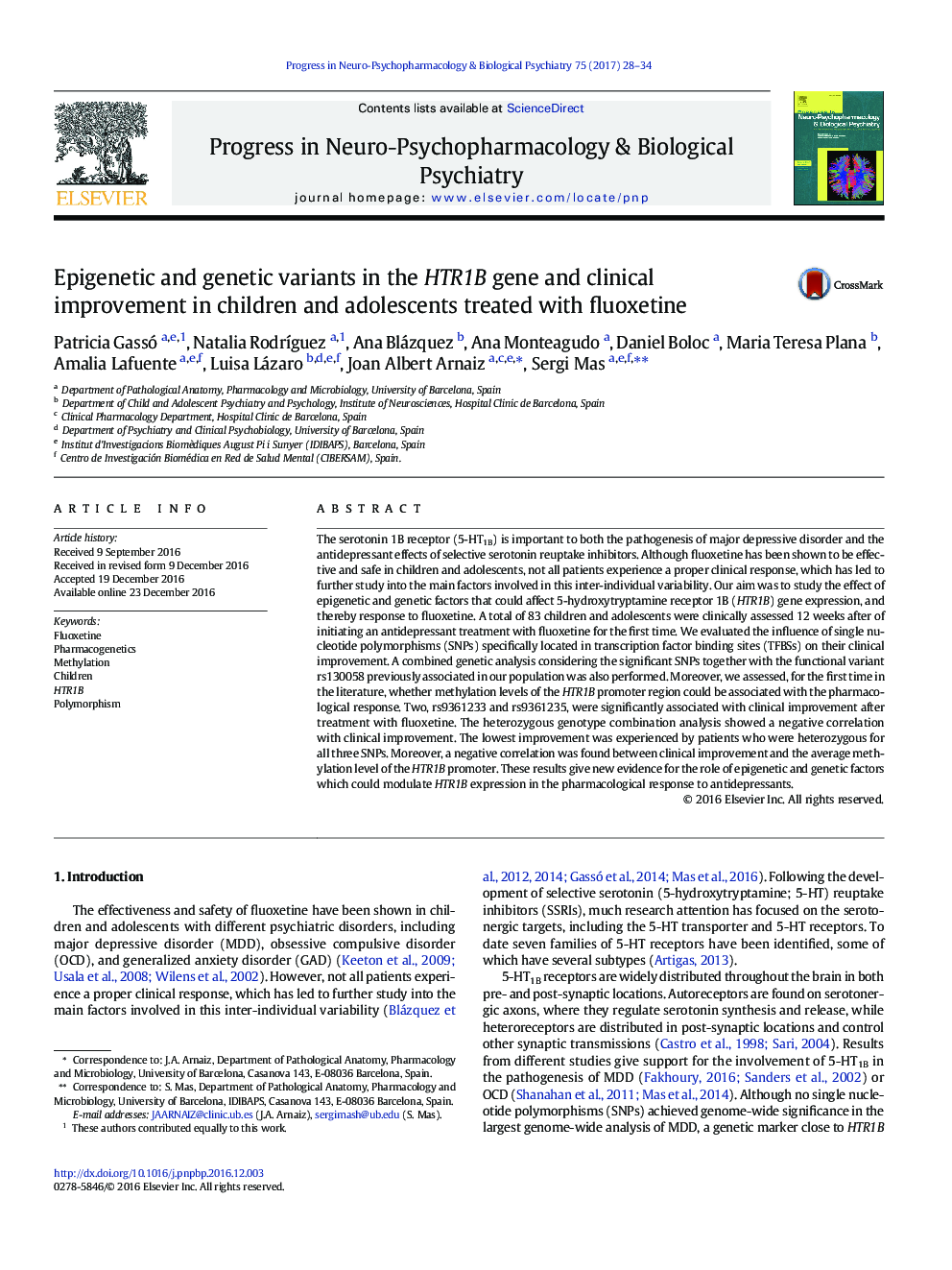 Epigenetic and genetic variants in the HTR1B gene and clinical improvement in children and adolescents treated with fluoxetine
