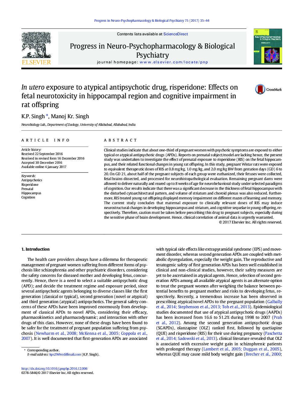 ریسپریدون در معرض داروهای ضد روان پریشی آتیپیک: اثرات عصبی جنین در ناحیه هیپوکامپ و اختلال شناختی در فرزندان موش صحرایی 