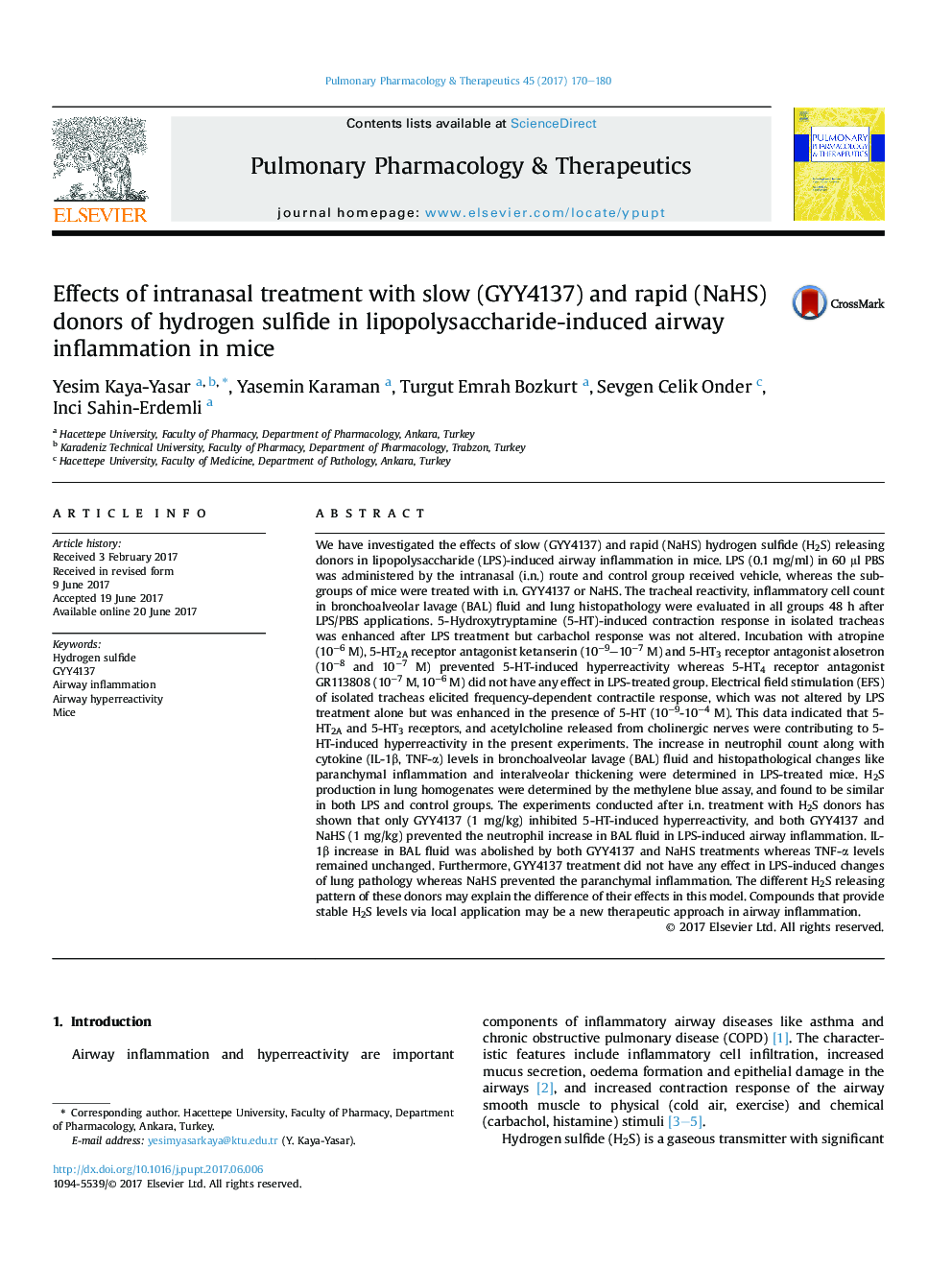 Effects of intranasal treatment with slow (GYY4137) and rapid (NaHS) donors of hydrogen sulfide in lipopolysaccharide-induced airway inflammation in mice