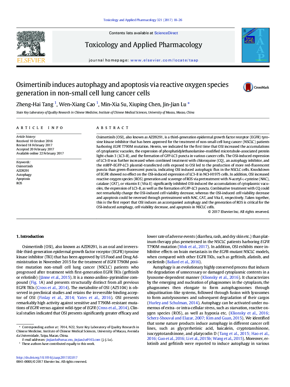 Osimertinib induces autophagy and apoptosis via reactive oxygen species generation in non-small cell lung cancer cells