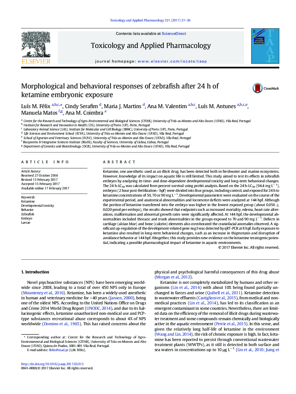 Morphological and behavioral responses of zebrafish after 24 h of ketamine embryonic exposure