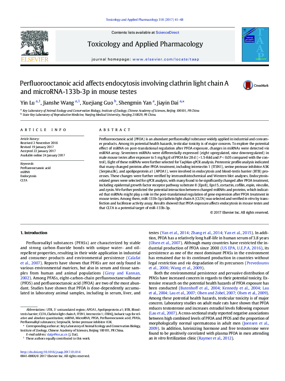 Perfluorooctanoic acid affects endocytosis involving clathrin light chain A and microRNA-133b-3p in mouse testes