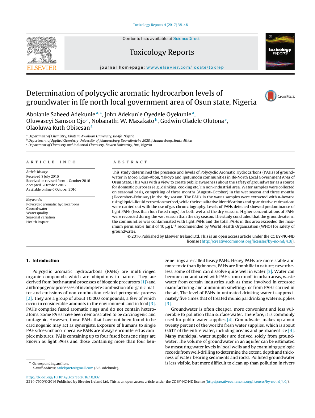 Determination of polycyclic aromatic hydrocarbon levels of groundwater in Ife north local government area of Osun state, Nigeria