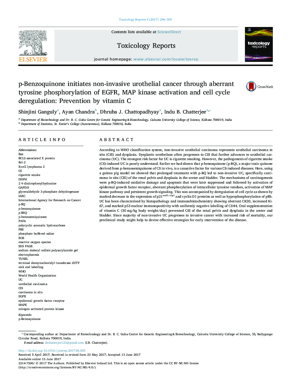 p-Benzoquinone initiates non-invasive urothelial cancer through aberrant tyrosine phosphorylation of EGFR, MAP kinase activation and cell cycle deregulation: Prevention by vitamin C