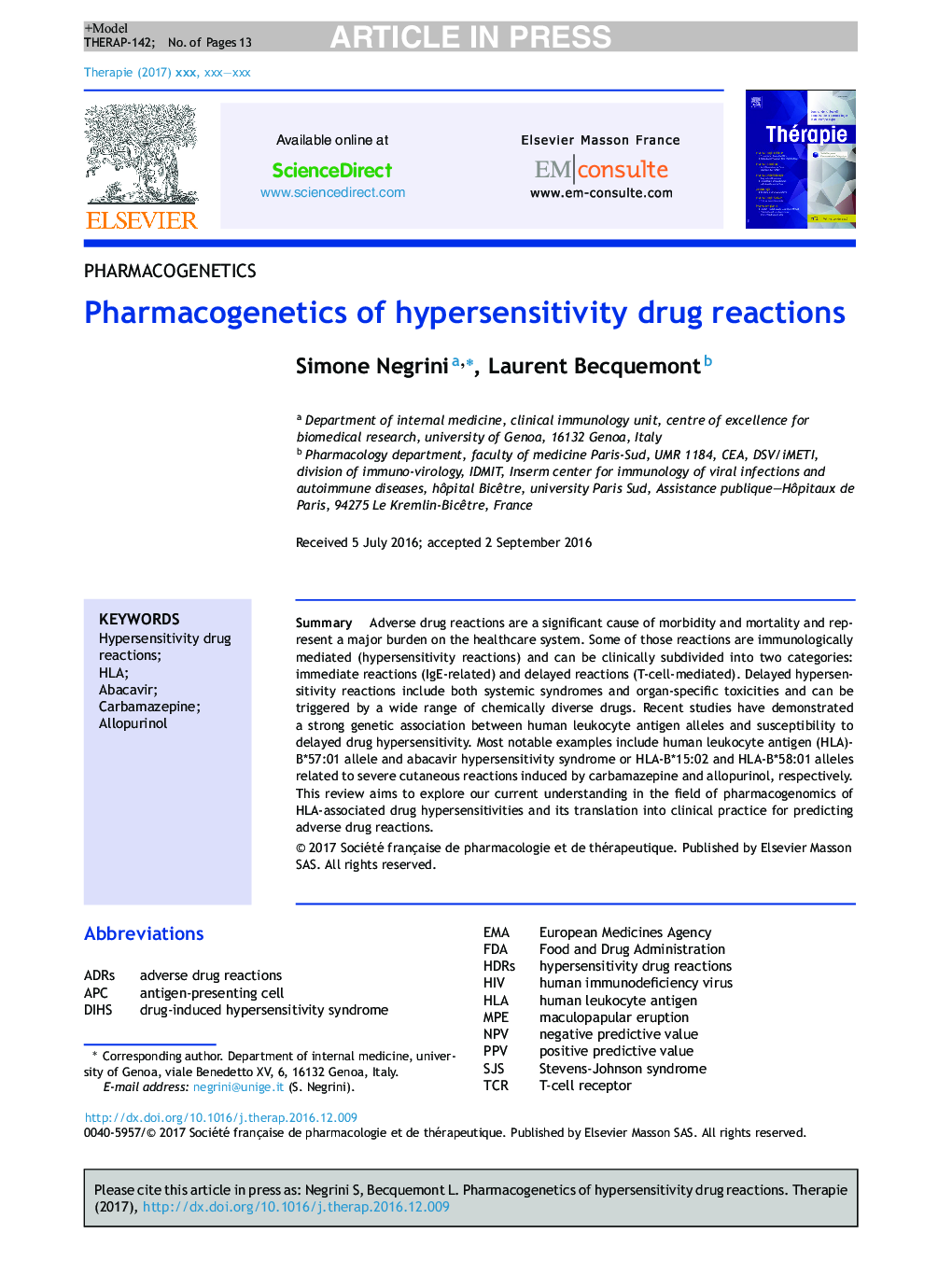 Pharmacogenetics of hypersensitivity drug reactions