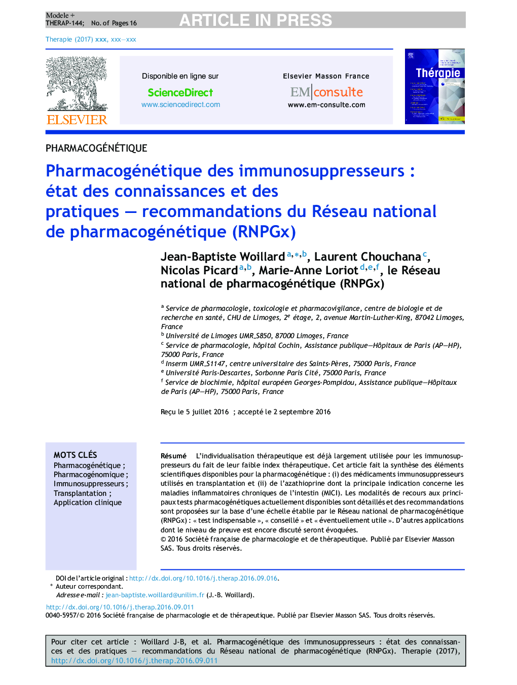 Pharmacogénétique des immunosuppresseursÂ : état des connaissances et des pratiquesÂ -Â recommandations du Réseau national de pharmacogénétique (RNPGx)