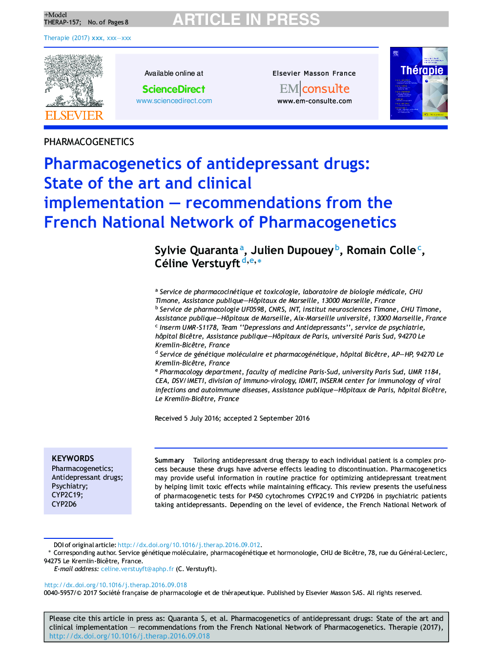 Pharmacogenetics of antidepressant drugs: State of the art and clinical implementation - recommendations from the French National Network of Pharmacogenetics