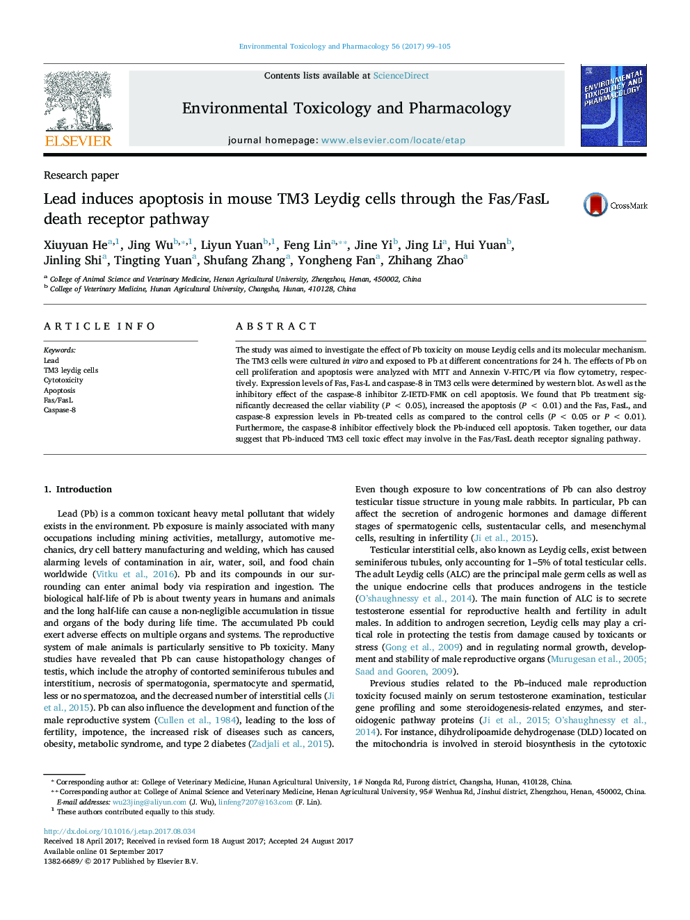 Lead induces apoptosis in mouse TM3 Leydig cells through the Fas/FasL death receptor pathway