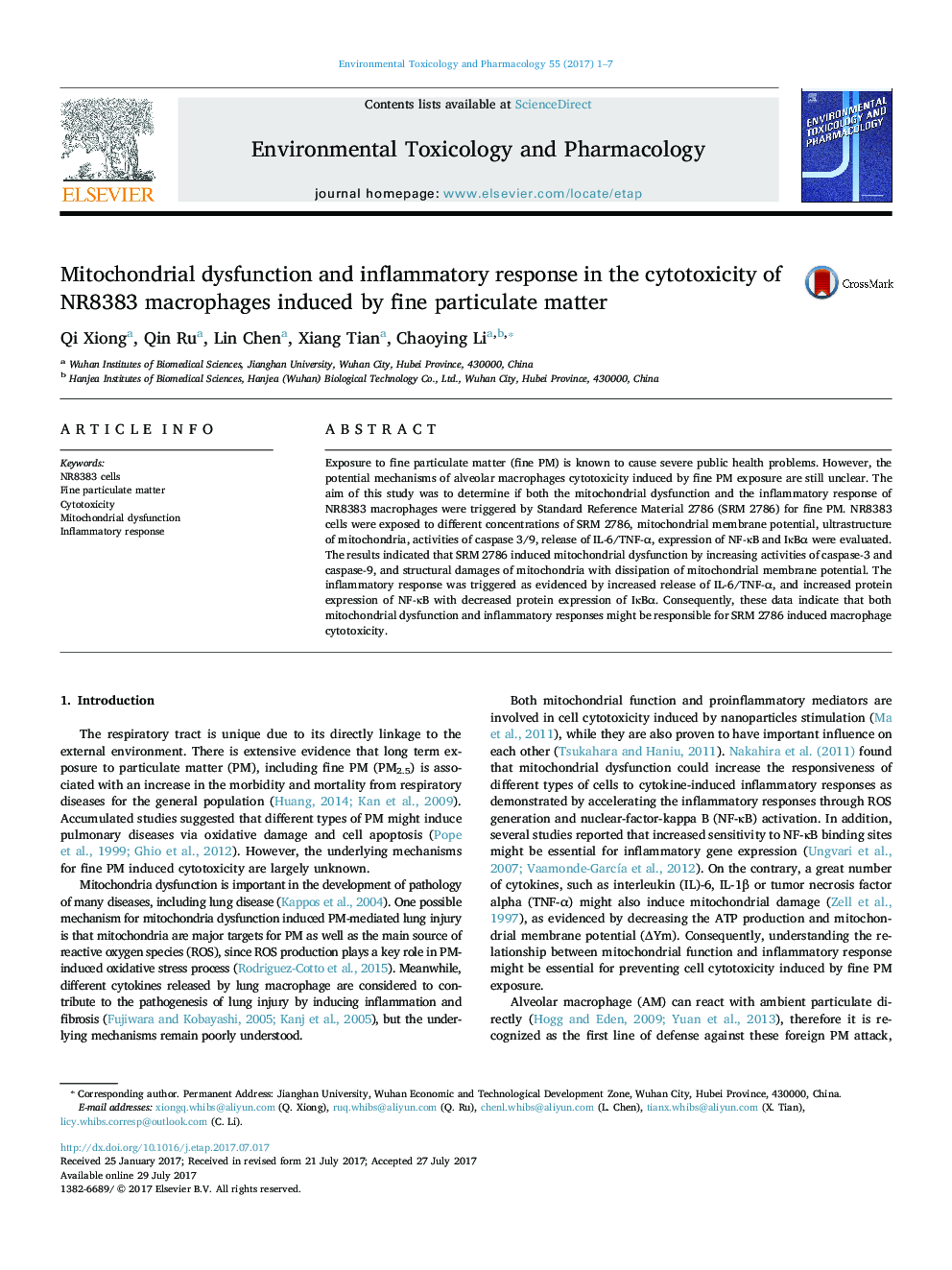 Mitochondrial dysfunction and inflammatory response in the cytotoxicity of NR8383 macrophages induced by fine particulate matter