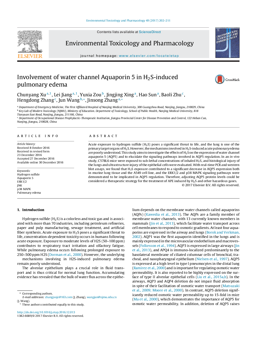 Involvement of water channel Aquaporin 5 in H2S-induced pulmonary edema