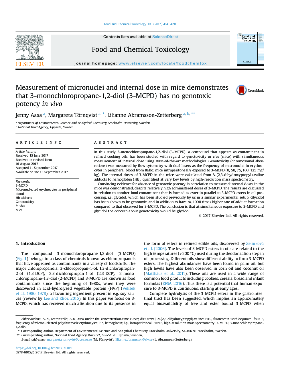 Measurement of micronuclei and internal dose in mice demonstrates that 3-monochloropropane-1,2-diol (3-MCPD) has no genotoxic potency inÂ vivo